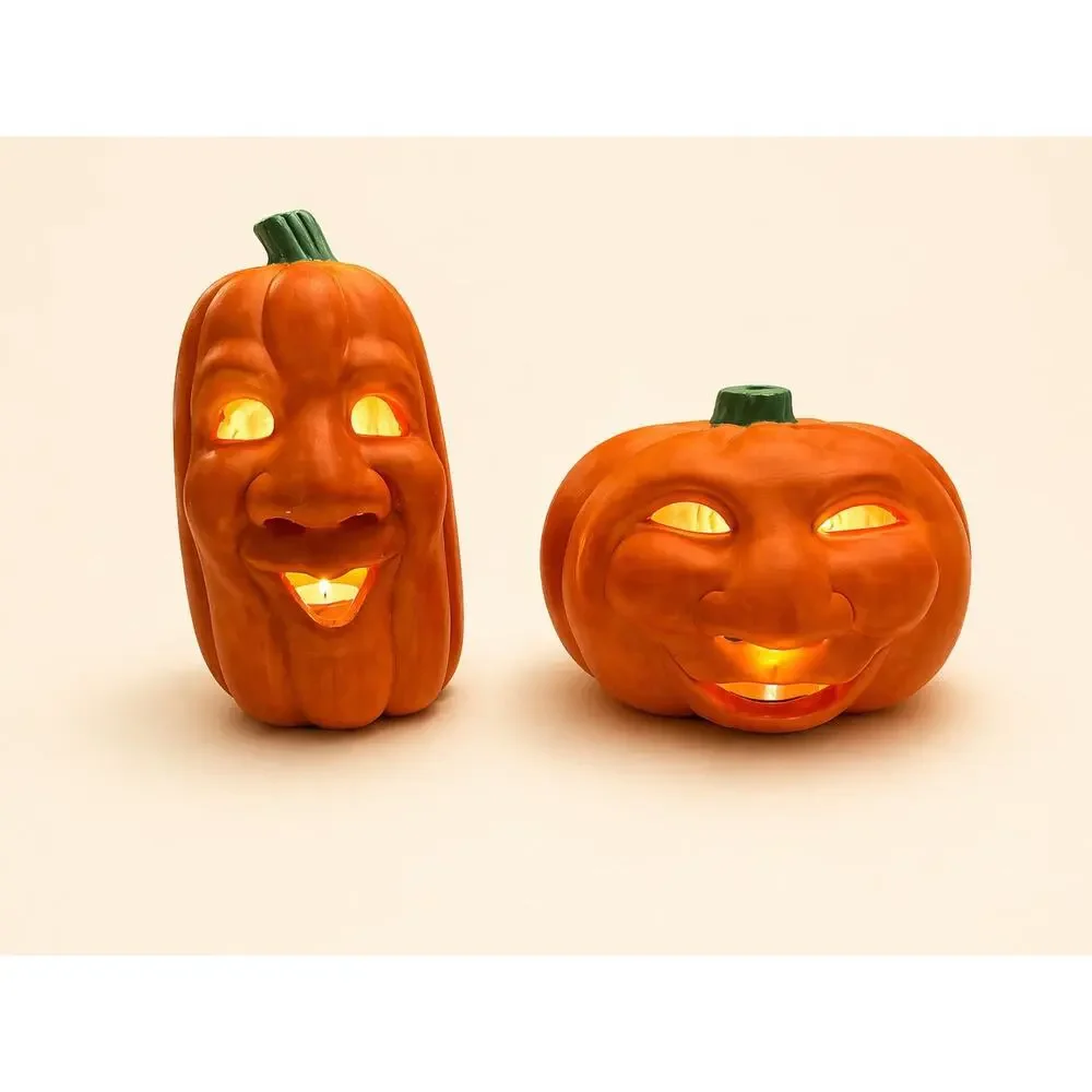 Vintage Pumpkin Figurine Set of 2 - 1990s Tall & Squat Jack-O-Lanterns Halloween